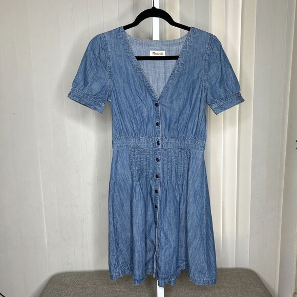 Madewell Denim Shirt Dress Mini Daylily Blue Short Sleeves Size 0 - Picture 3 of 8